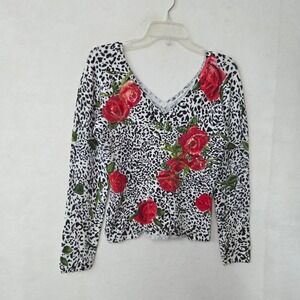 Gaby & Eden Leopard Floral Sweater Women L‎ White Red Beaded Embellished V-Neck